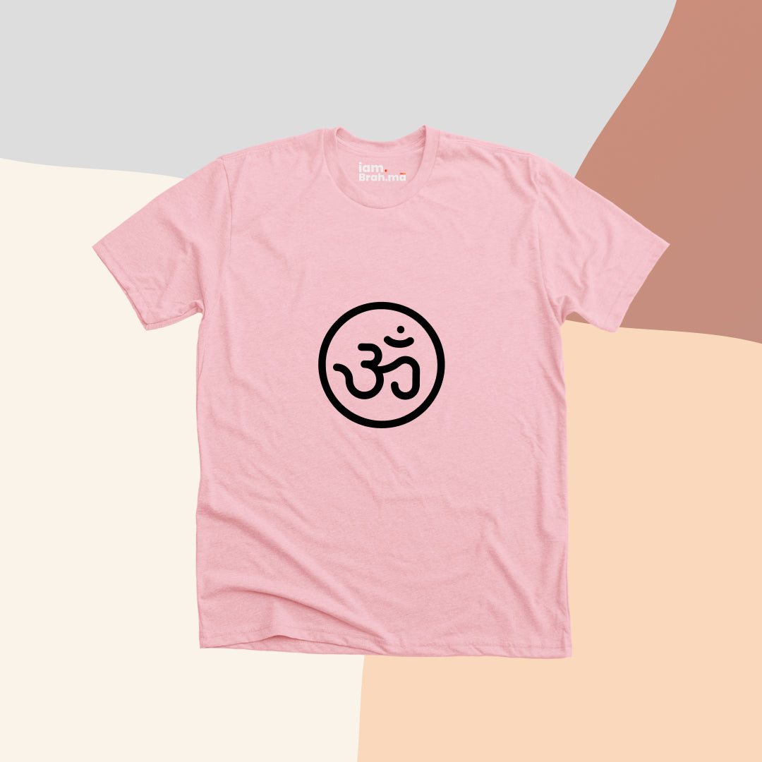 Pink t-shirt with a black symbol on a multicolored background