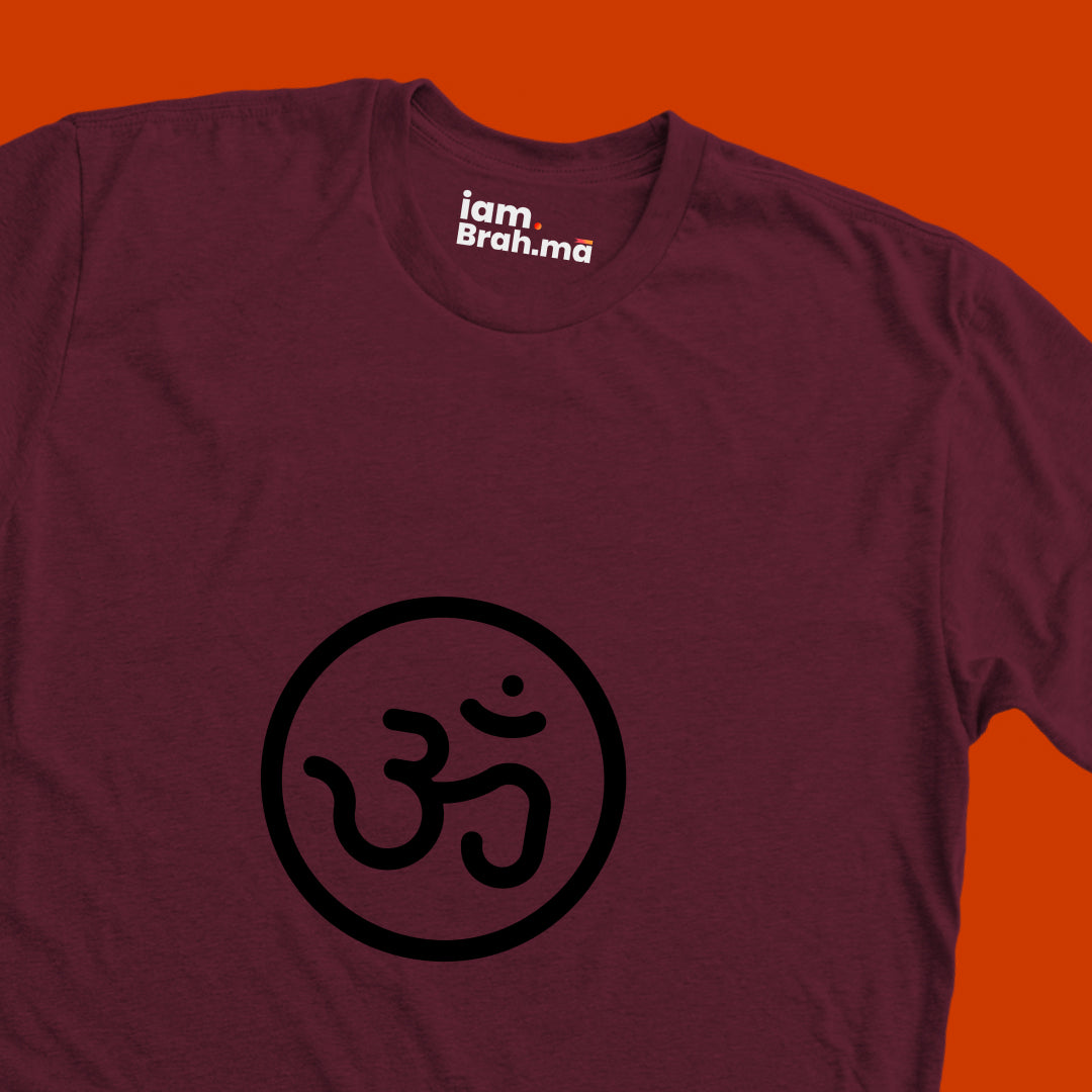 Maroon t-shirt with black symbol and 'iam Brah.ma' text on an orange background