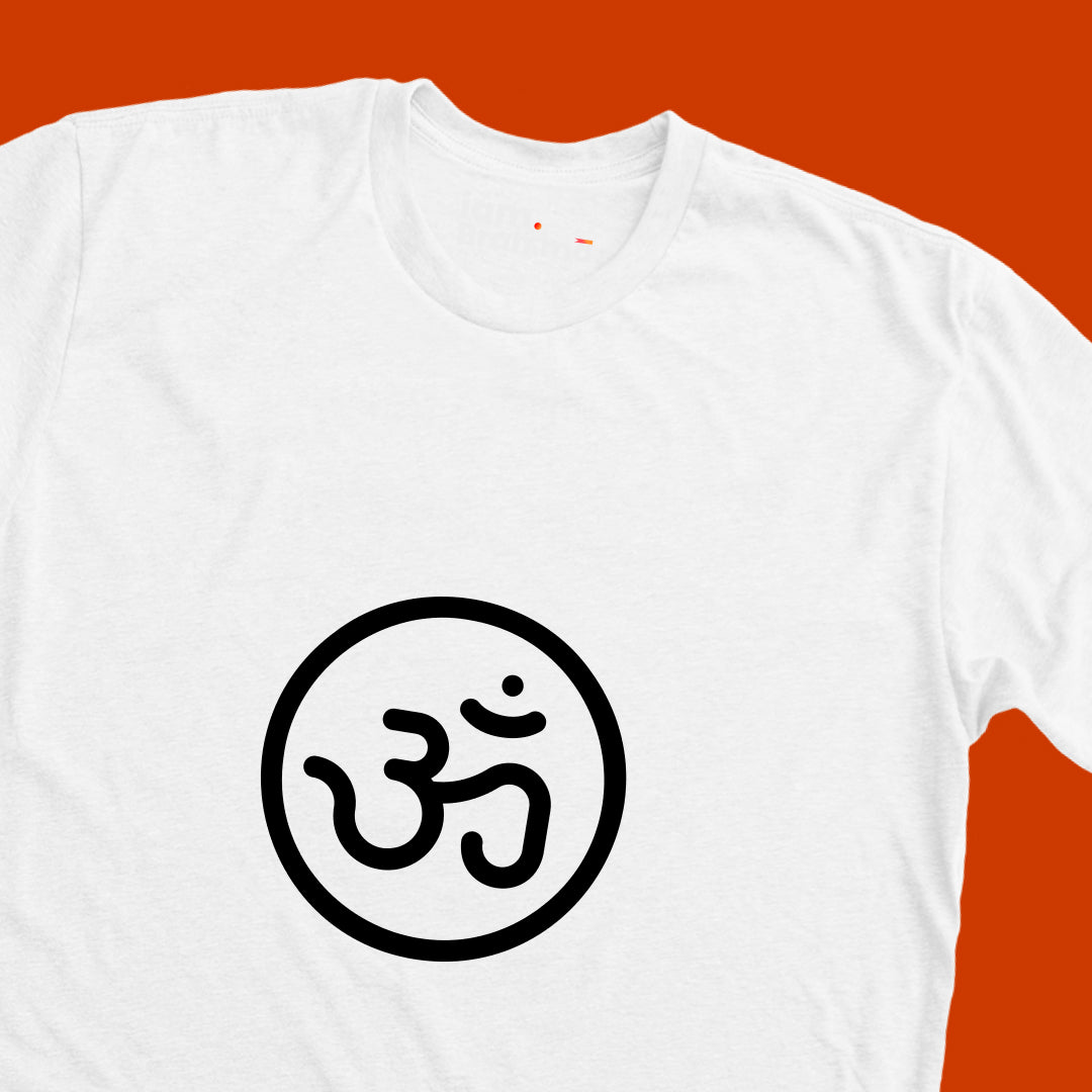 White t-shirt with a black symbol on an orange background